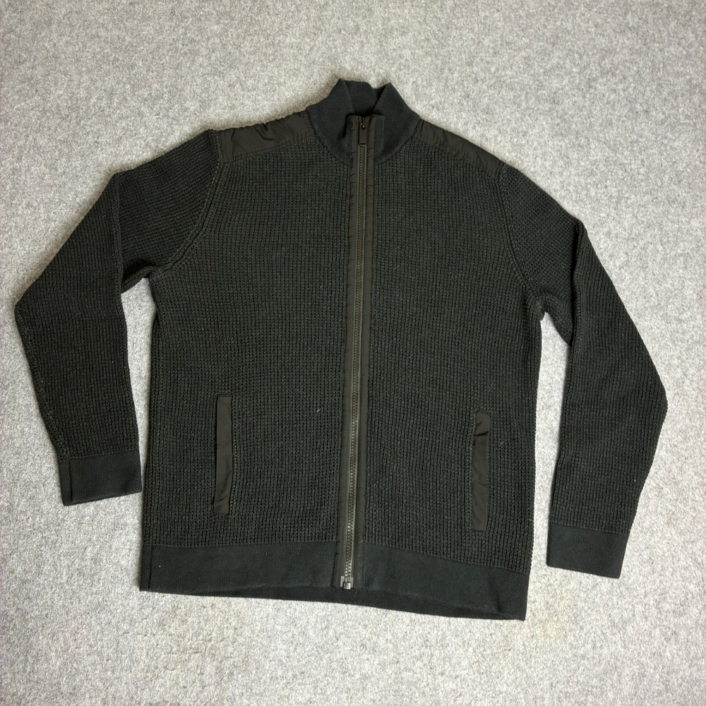 Calvin Klein Mens Large Full Zip Waffle Knit Mixed Media Cardigan Sweater Black